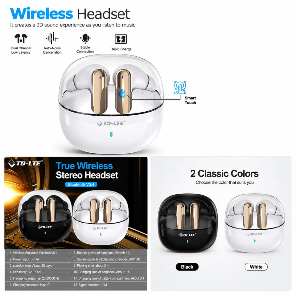 TD-LTE Wireless Headset BT 5.4 200mAh Charging Case Smart Touch Environmental Noise Cancellation Earbuds for Music/Gaming